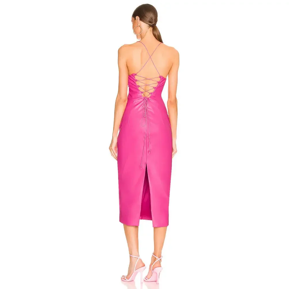 Revolve Bardot Helena Faux Leather Dress Hot Pink tie back Size 2 NWT $119 msrp - Picture 3 of 10